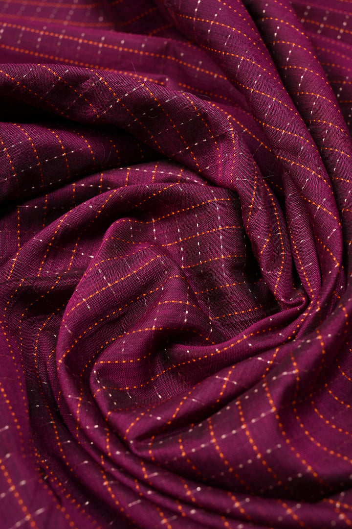 Plum Ilkal Weave Mercerized Bagalkote Cotton Saree with Zari-Thread Checks and Contrast Zariless Temple Border | SHOBITAM