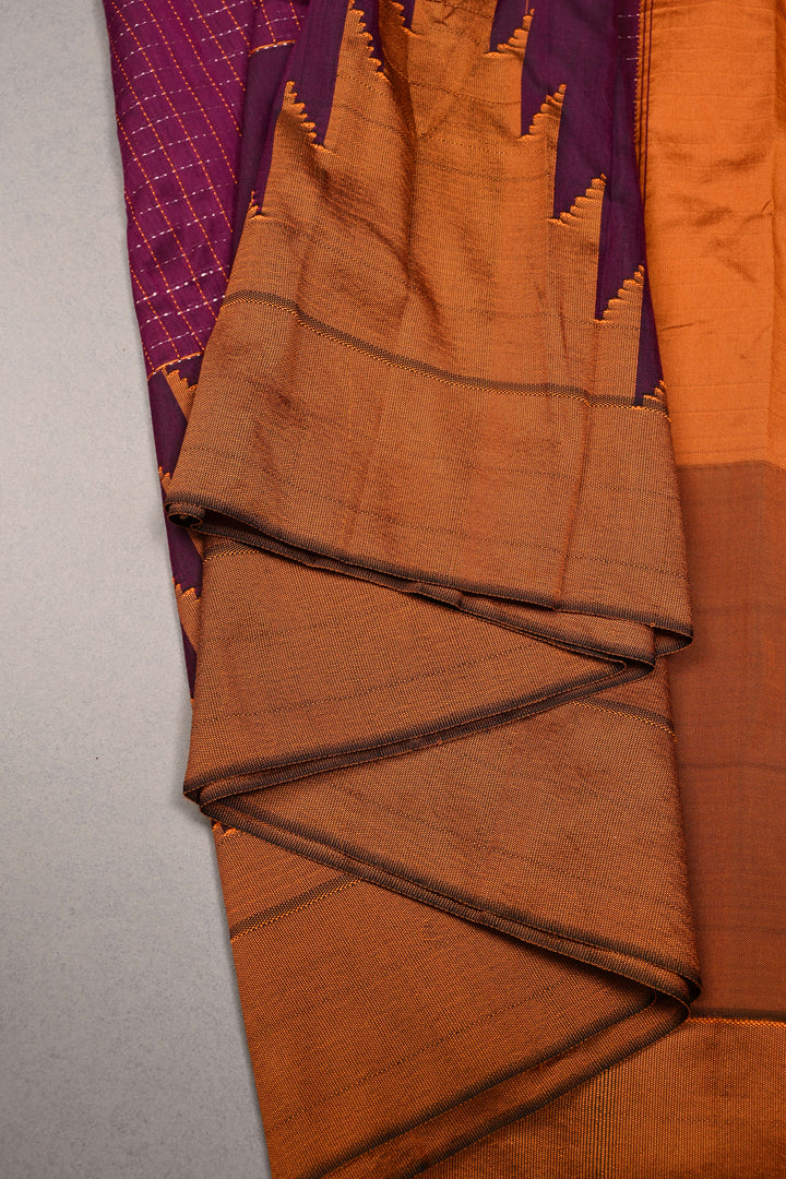 Plum Ilkal Weave Mercerized Bagalkote Cotton Saree with Zari-Thread Checks and Contrast Zariless Temple Border | SHOBITAM