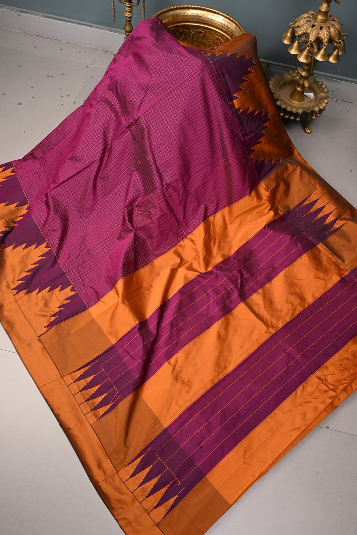 Plum Ilkal Weave Mercerized Bagalkote Cotton Saree with Zari-Thread Checks and Contrast Zariless Temple Border | SHOBITAM