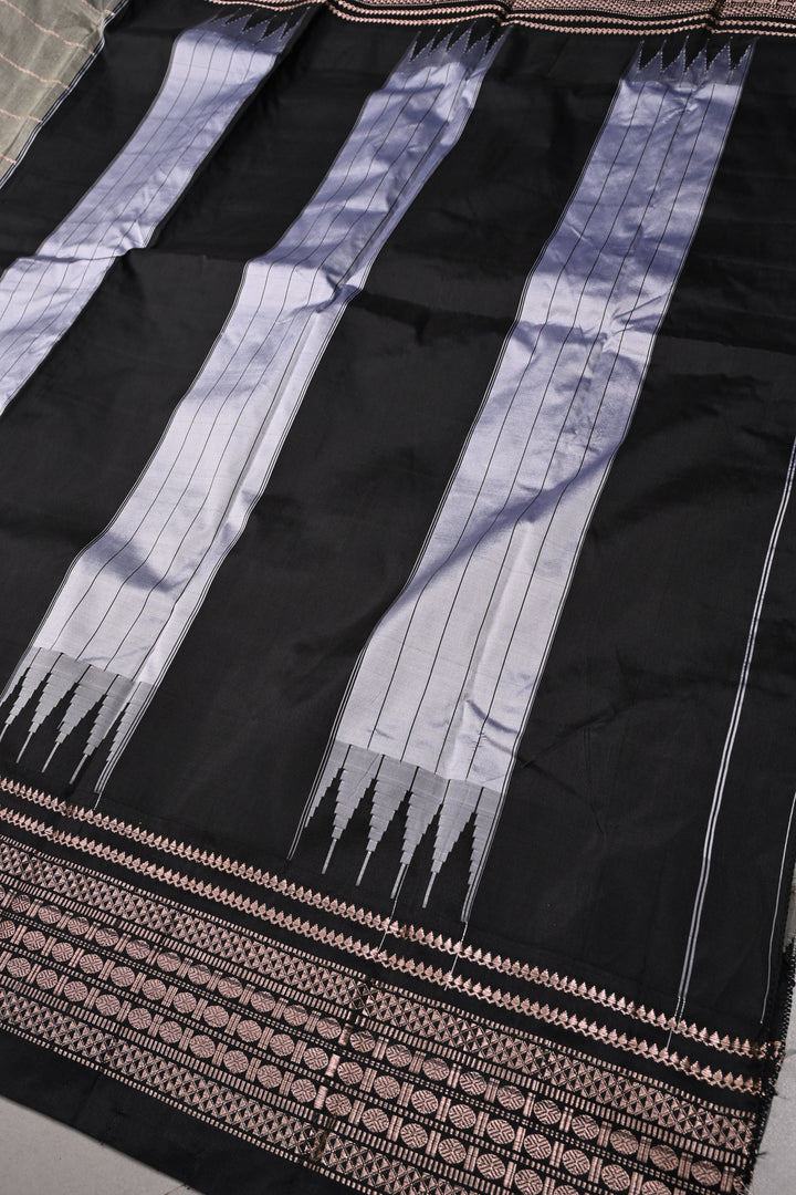 Gray Semi Gadwal Saree with Horizontal Zari Stripes and Contrast Zari Border | SHOBITAM