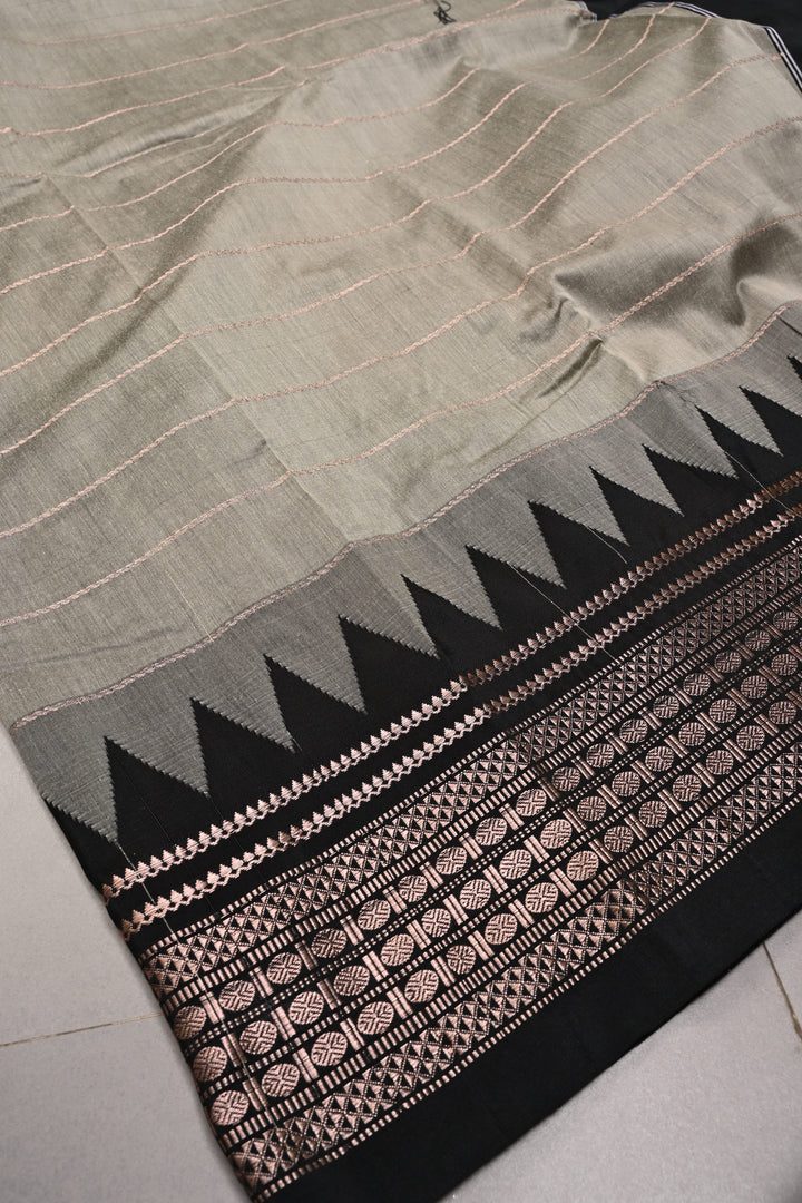 Gray Semi Gadwal Saree with Horizontal Zari Stripes and Contrast Zari Border | SHOBITAM