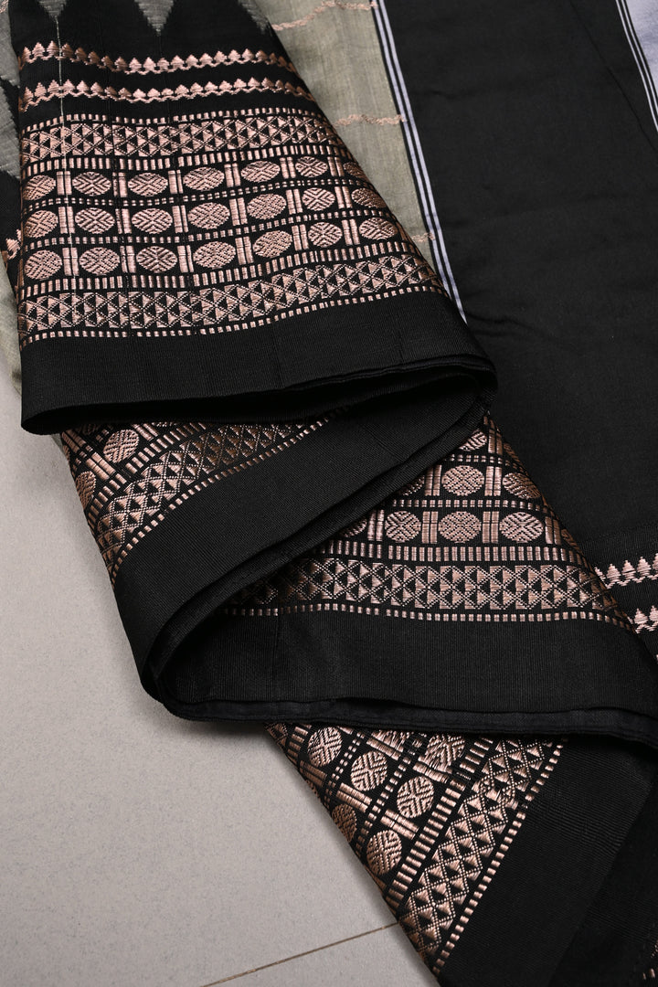 Gray Semi Gadwal Saree with Horizontal Zari Stripes and Contrast Zari Border | SHOBITAM
