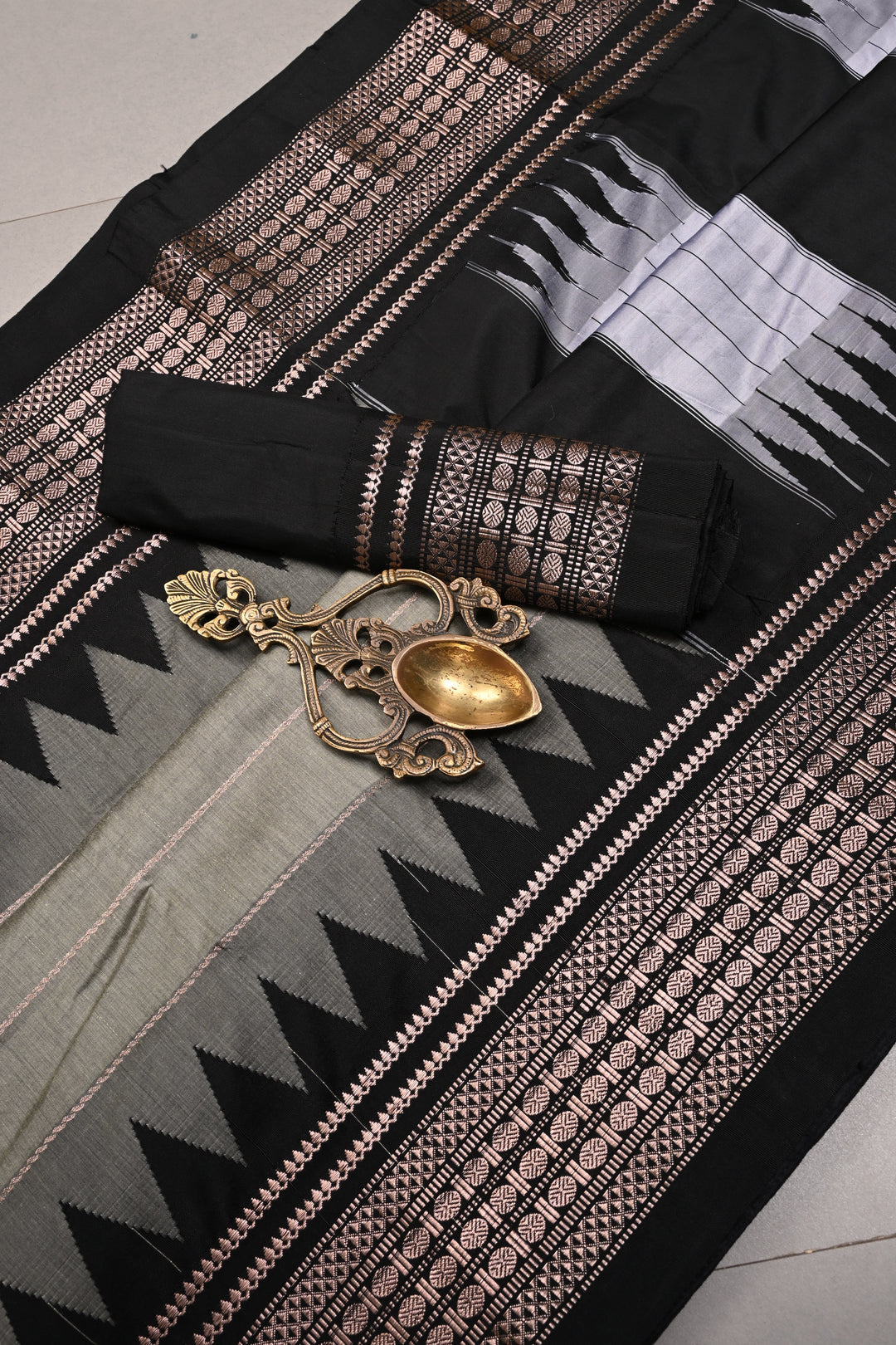Gray Semi Gadwal Saree with Horizontal Zari Stripes and Contrast Zari Border | SHOBITAM