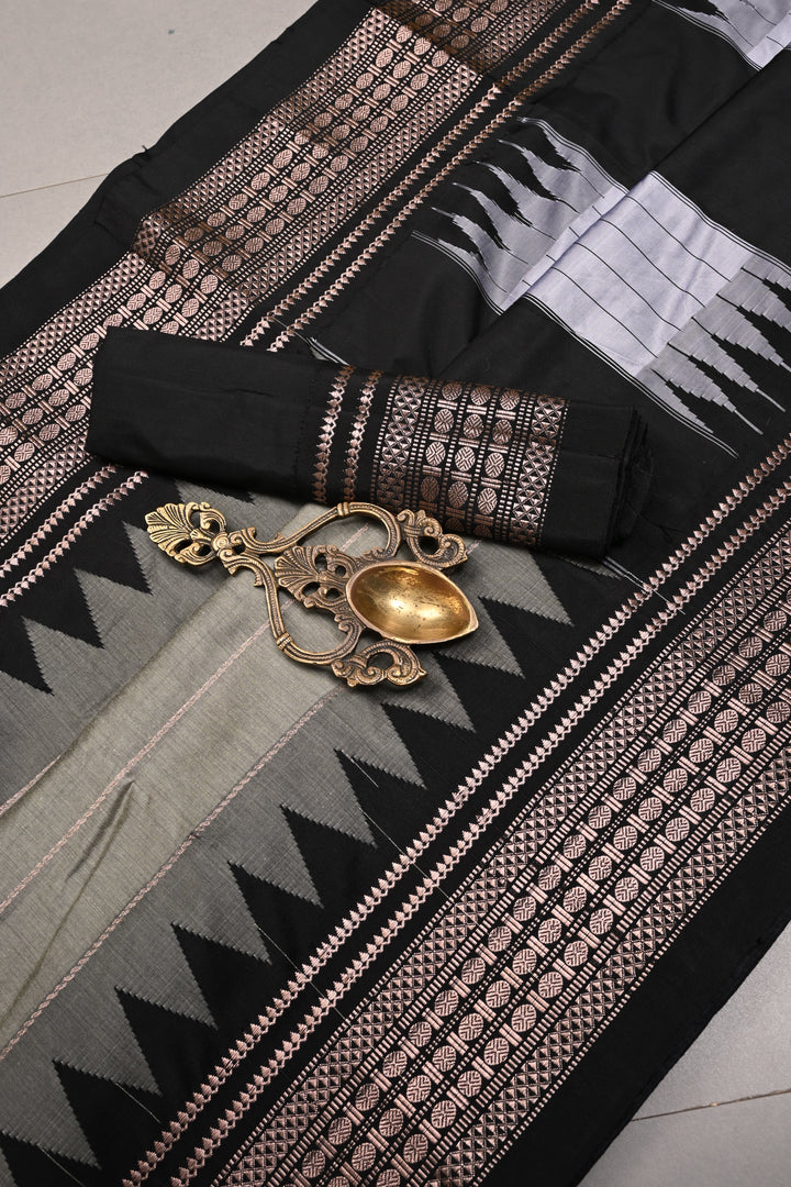 Gray Semi Gadwal Saree with Horizontal Zari Stripes and Contrast Zari Border | SHOBITAM