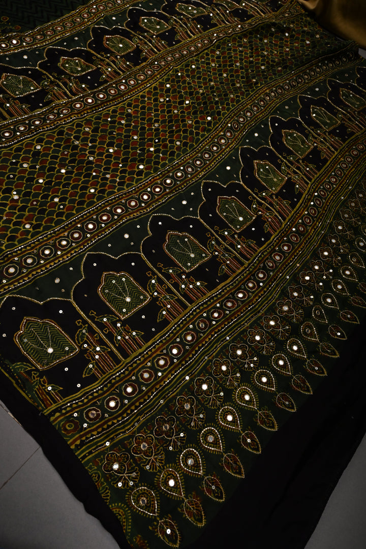 Deep Green Modal Silk Saree with Hand Block Print and Sequins, Cutdana and Mirror Hand Embroidery | SHOBITAM