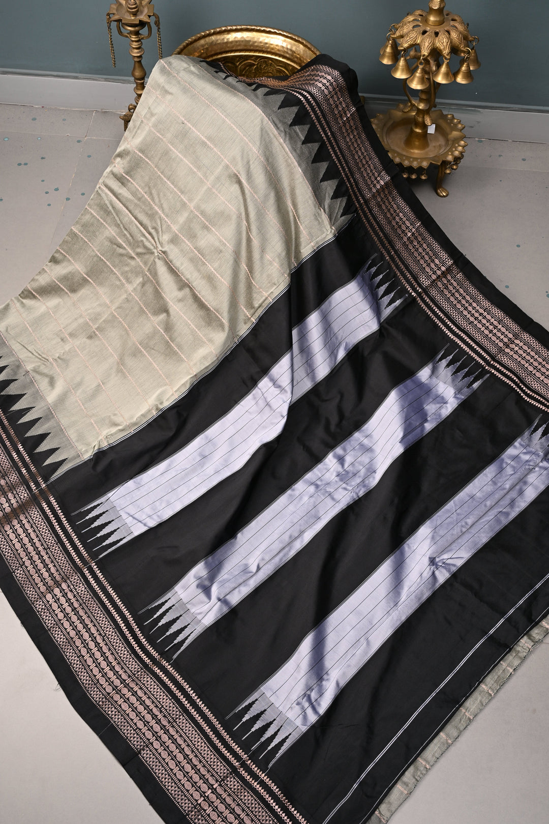 Gray Semi Gadwal Saree with Horizontal Zari Stripes and Contrast Zari Border | SHOBITAM