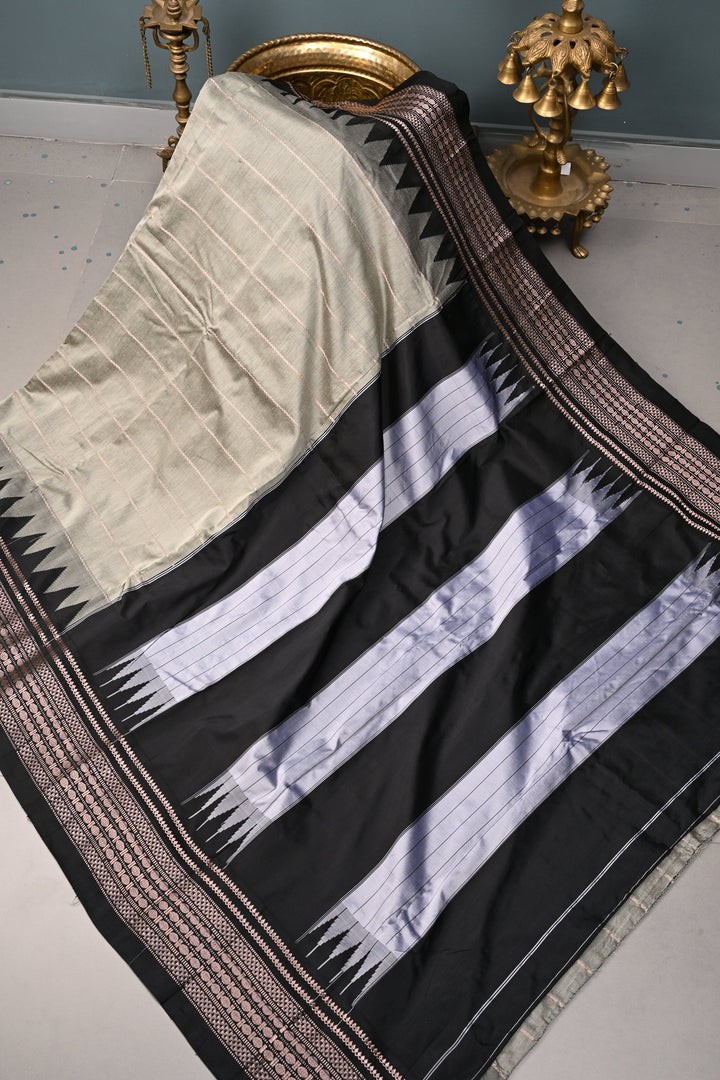 Gray Semi Gadwal Saree with Horizontal Zari Stripes and Contrast Zari Border | SHOBITAM