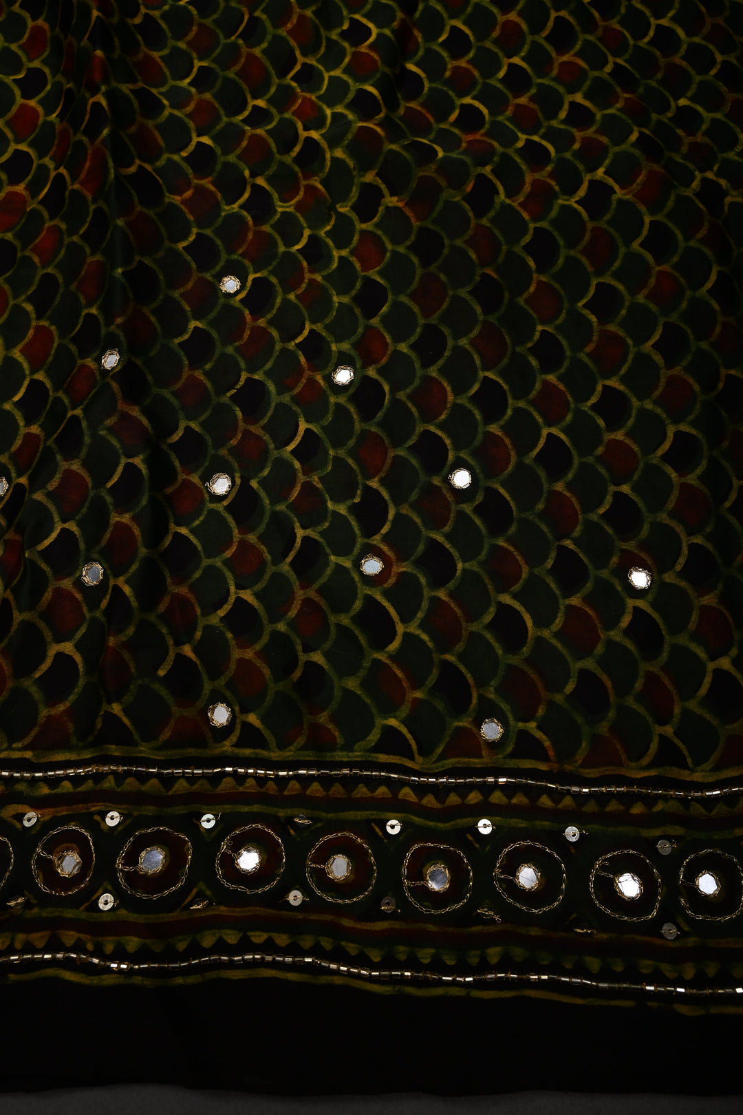 Deep Green Modal Silk Saree with Hand Block Print and Sequins, Cutdana and Mirror Hand Embroidery | SHOBITAM