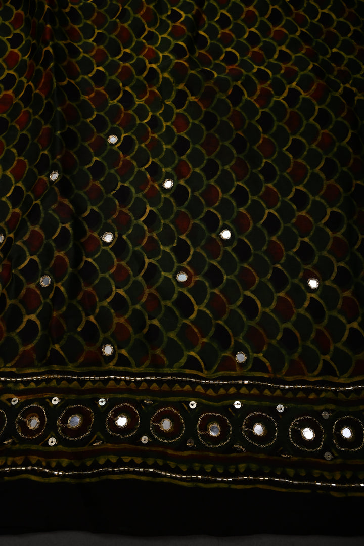 Deep Green Modal Silk Saree with Hand Block Print and Sequins, Cutdana and Mirror Hand Embroidery | SHOBITAM