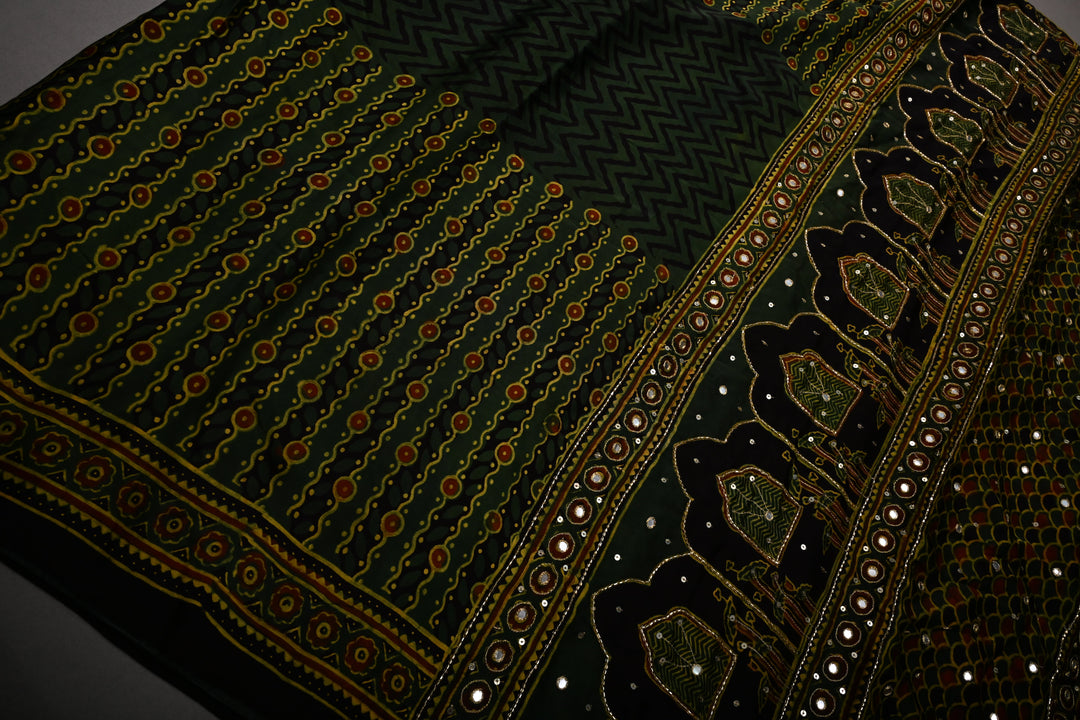 Deep Green Modal Silk Saree with Hand Block Print and Sequins, Cutdana and Mirror Hand Embroidery | SHOBITAM