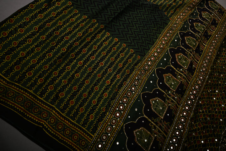 Deep Green Modal Silk Saree with Hand Block Print and Sequins, Cutdana and Mirror Hand Embroidery | SHOBITAM