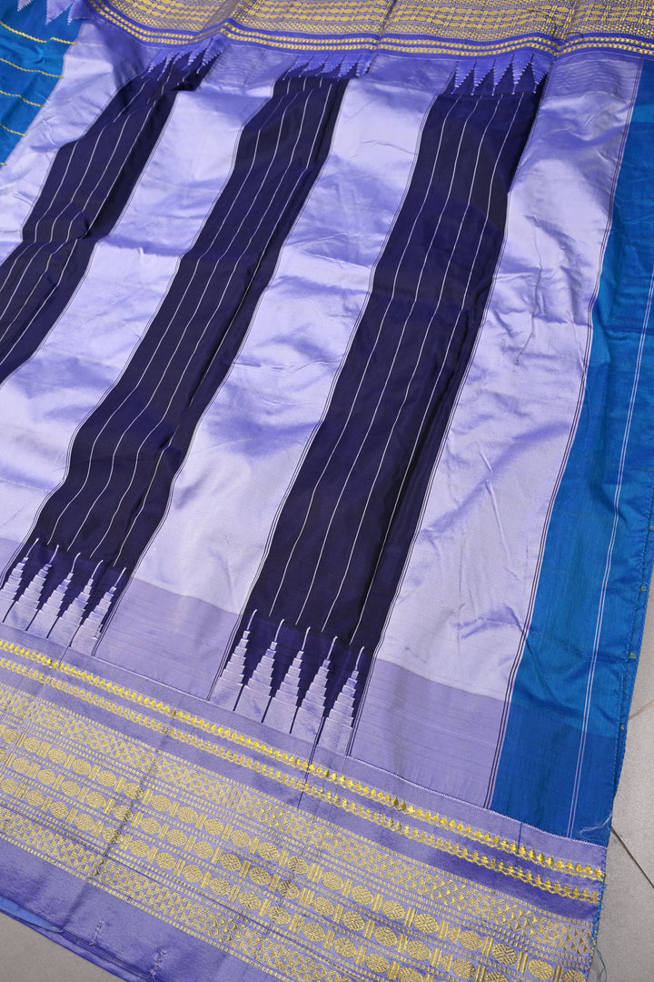 Copper Sulphate Blue Semi Gadwal Saree with Horizontal Zari Stripes and Contrast Zari Border | SHOBITAM