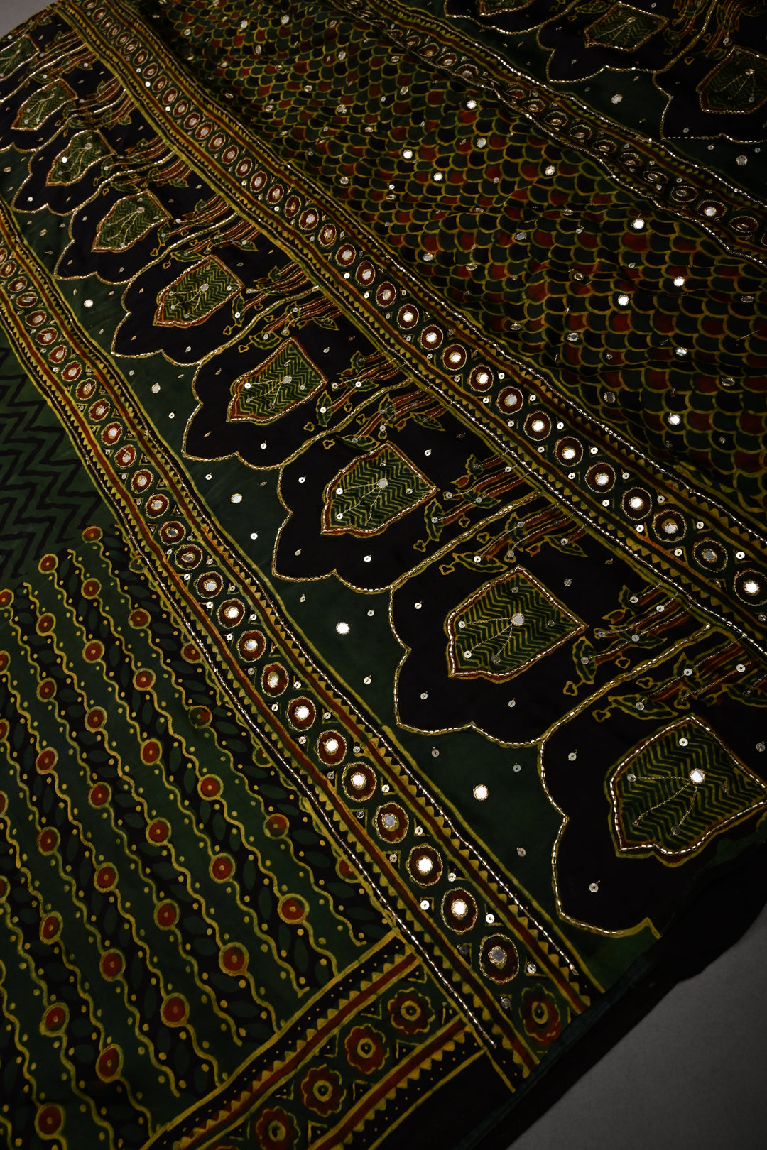 Deep Green Modal Silk Saree with Hand Block Print and Sequins, Cutdana and Mirror Hand Embroidery | SHOBITAM
