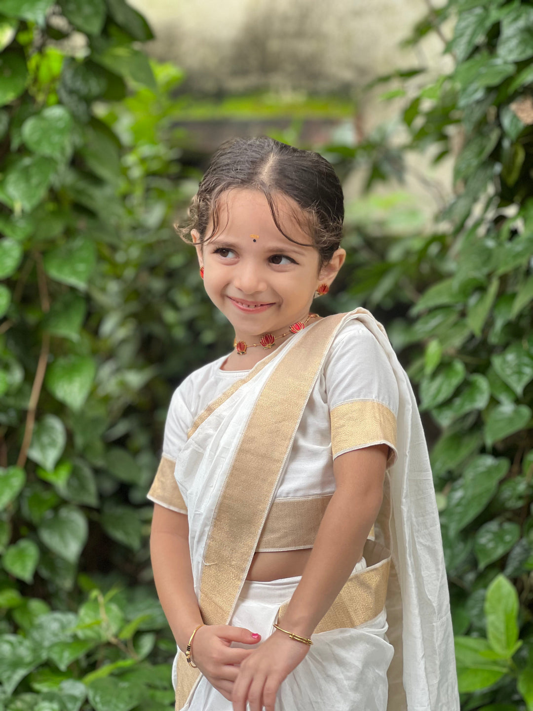 Girls Cream Chanderi Semi-Silk South Indian Saree Set with Stitched Blouse | SHOBITAM