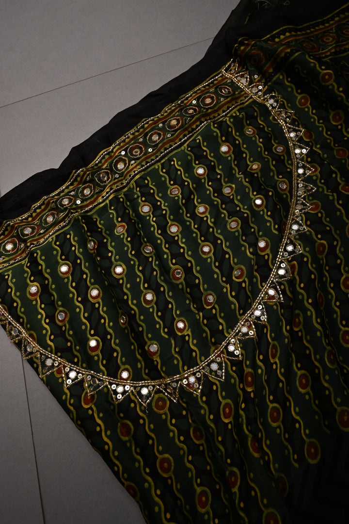 Deep Green Modal Silk Saree with Hand Block Print and Sequins, Cutdana and Mirror Hand Embroidery | SHOBITAM