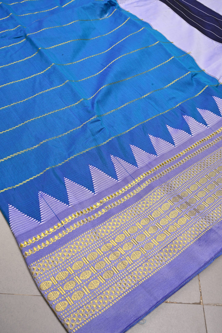 Copper Sulphate Blue Semi Gadwal Saree with Horizontal Zari Stripes and Contrast Zari Border | SHOBITAM
