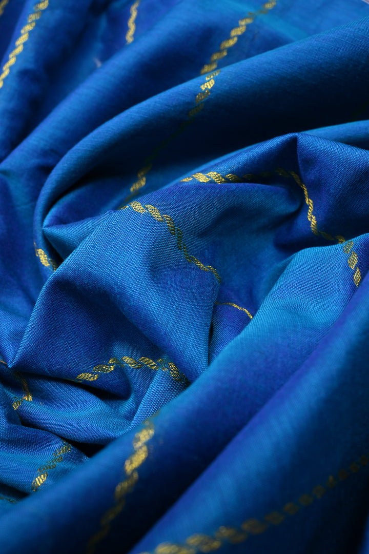Copper Sulphate Blue Semi Gadwal Saree with Horizontal Zari Stripes and Contrast Zari Border | SHOBITAM