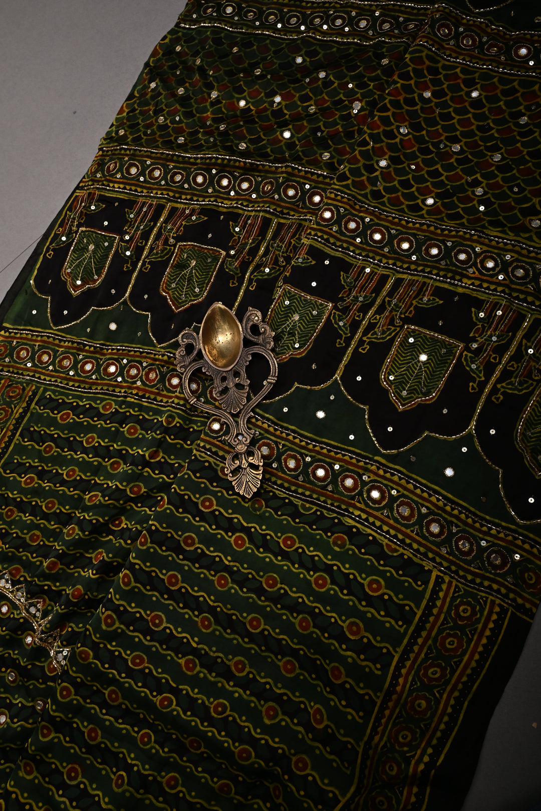 Deep Green Modal Silk Saree with Hand Block Print and Sequins, Cutdana and Mirror Hand Embroidery | SHOBITAM