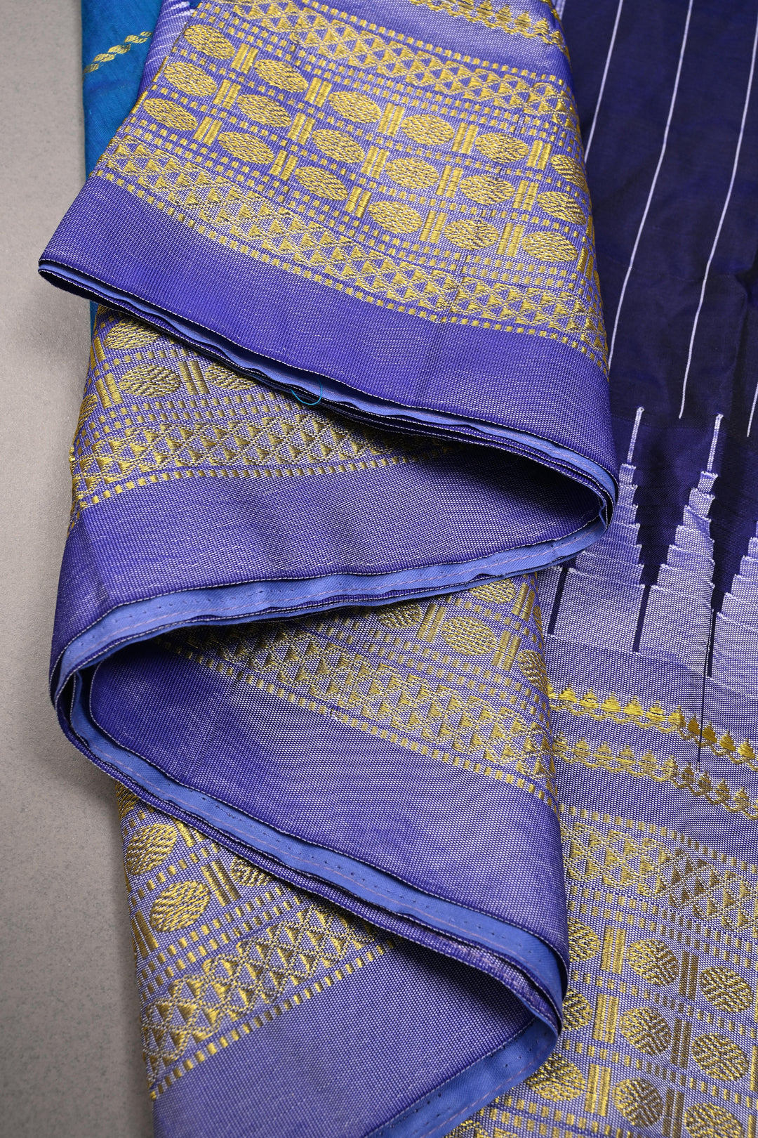Copper Sulphate Blue Semi Gadwal Saree with Horizontal Zari Stripes and Contrast Zari Border | SHOBITAM