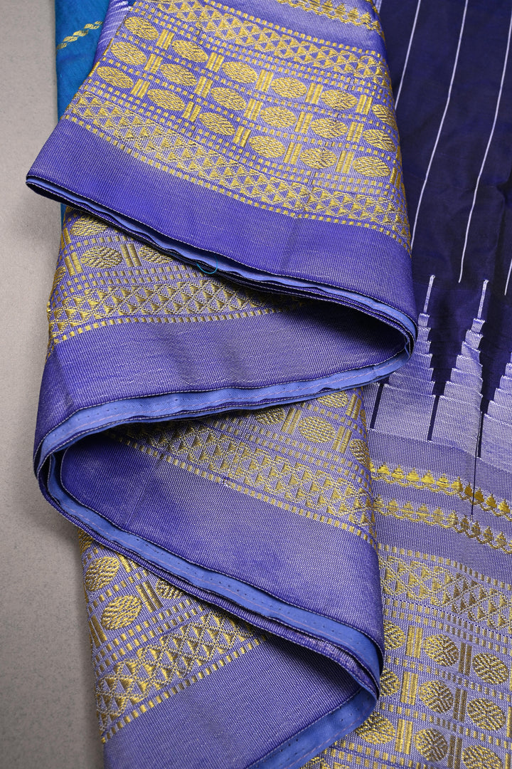 Copper Sulphate Blue Semi Gadwal Saree with Horizontal Zari Stripes and Contrast Zari Border | SHOBITAM