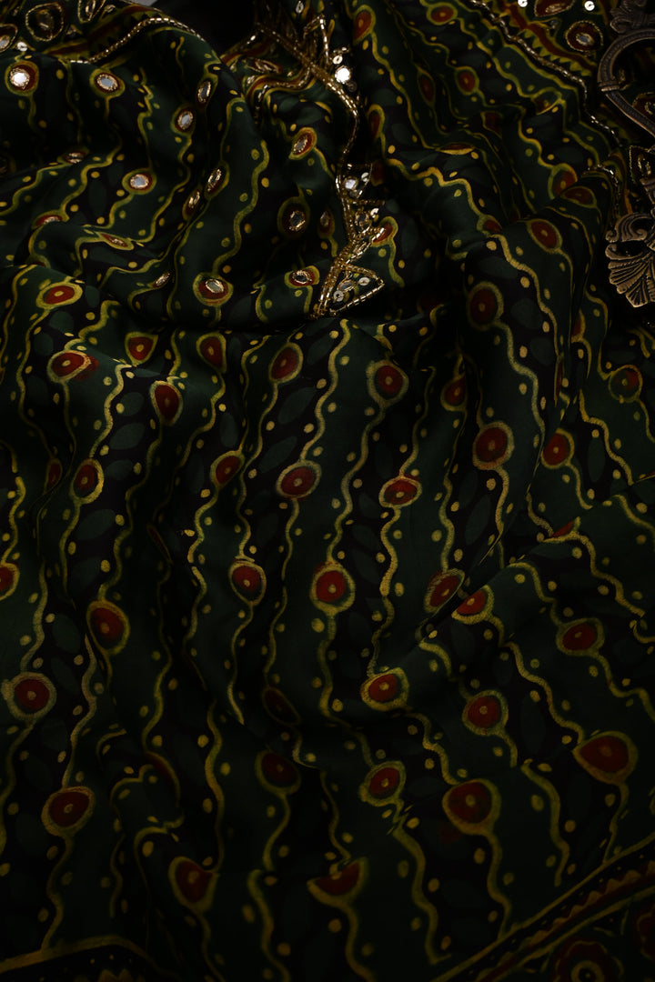 Deep Green Modal Silk Saree with Hand Block Print and Sequins, Cutdana and Mirror Hand Embroidery | SHOBITAM