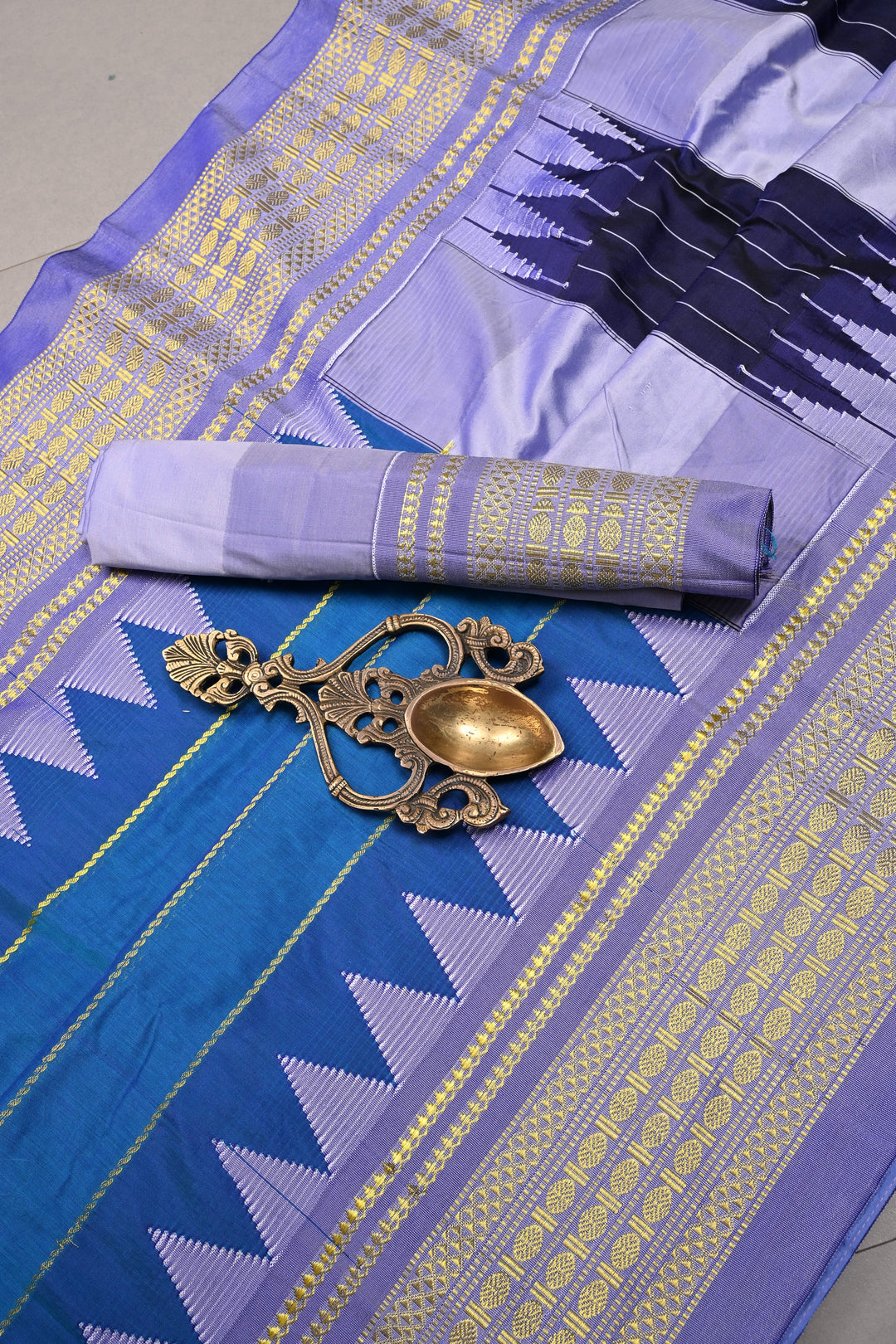 Copper Sulphate Blue Semi Gadwal Saree with Horizontal Zari Stripes and Contrast Zari Border | SHOBITAM