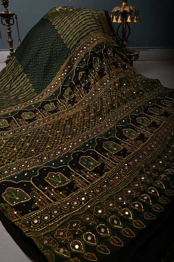Deep Green Modal Silk Saree with Hand Block Print and Sequins, Cutdana and Mirror Hand Embroidery | SHOBITAM