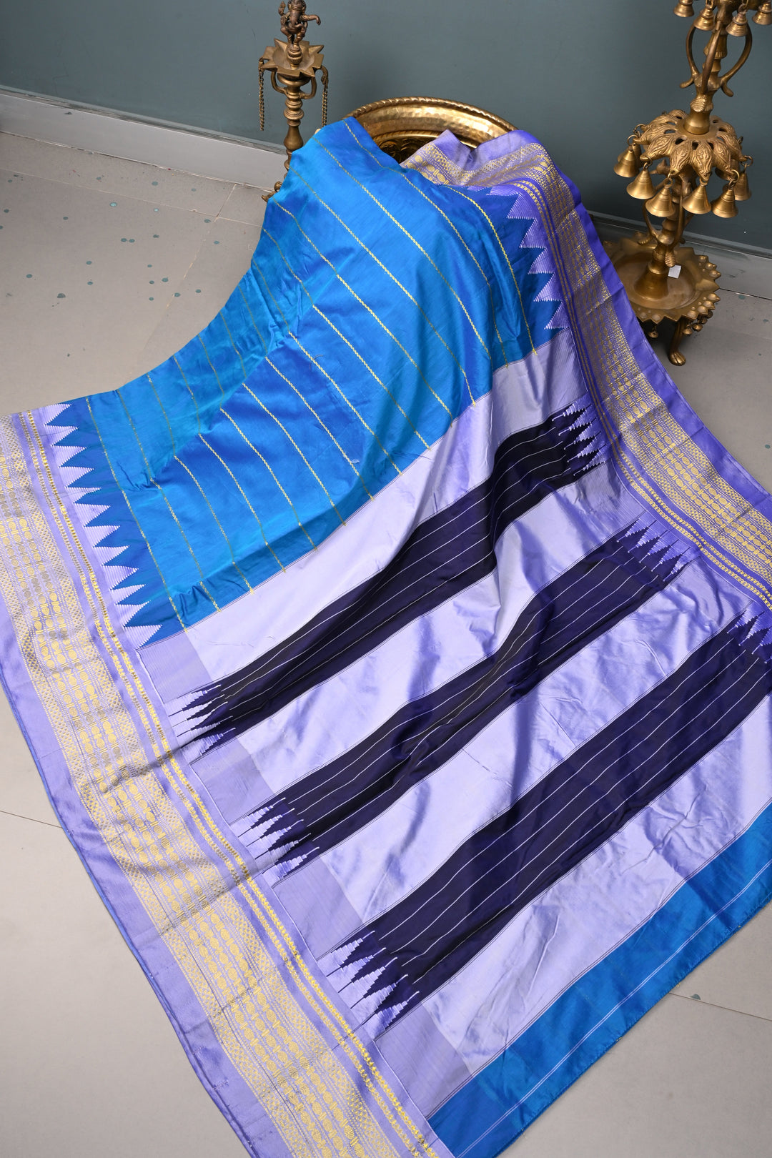 Copper Sulphate Blue Semi Gadwal Saree with Horizontal Zari Stripes and Contrast Zari Border | SHOBITAM