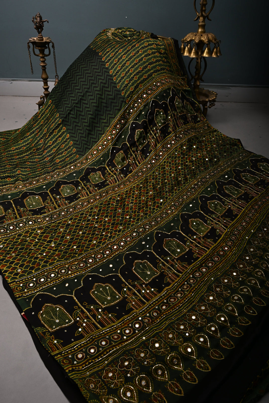 Deep Green Modal Silk Saree with Hand Block Print and Sequins, Cutdana and Mirror Hand Embroidery | SHOBITAM