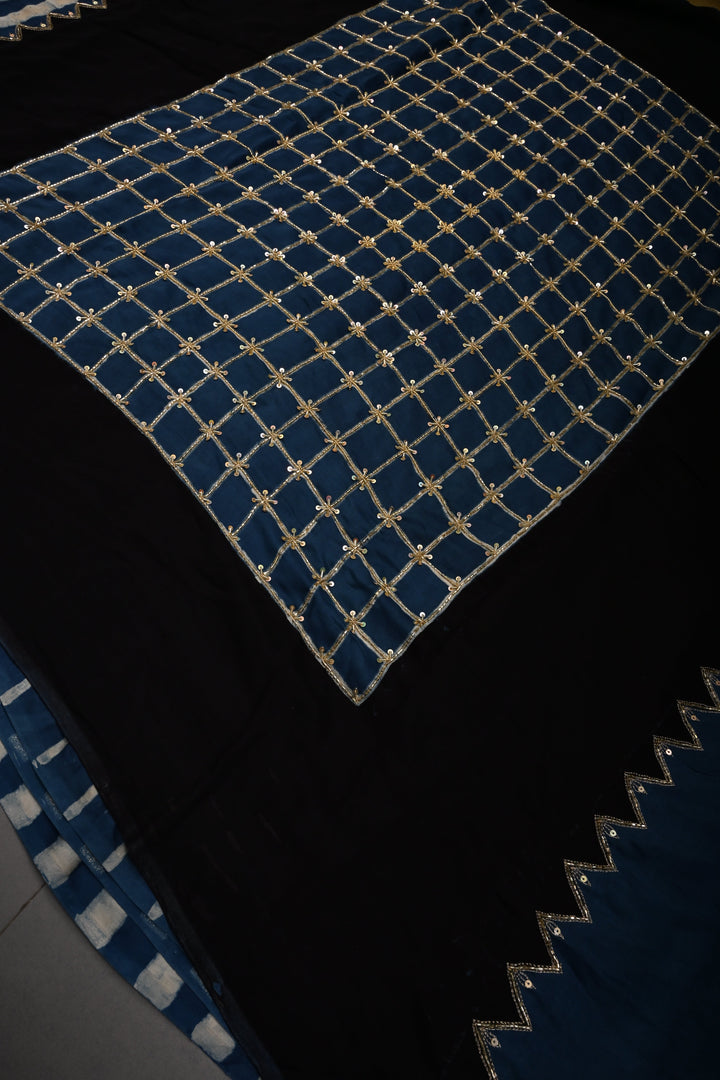 Blue-White Stripes Pattern on Modal Silk Saree with  Hand Block Print and Checks Pallu-Sequins, Cutdana and Hand Embroidery | SHOBITAM