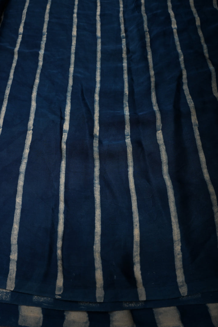 Blue-White Stripes Pattern on Modal Silk Saree with  Hand Block Print and Checks Pallu-Sequins, Cutdana and Hand Embroidery | SHOBITAM