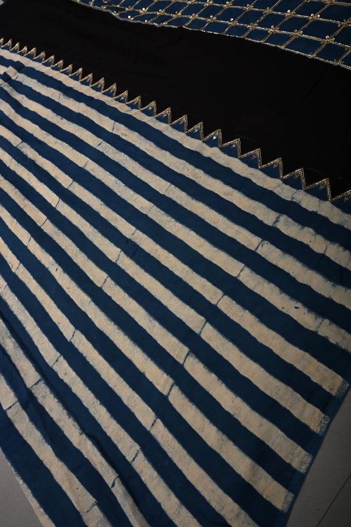 Blue-White Stripes Pattern on Modal Silk Saree with  Hand Block Print and Checks Pallu-Sequins, Cutdana and Hand Embroidery | SHOBITAM