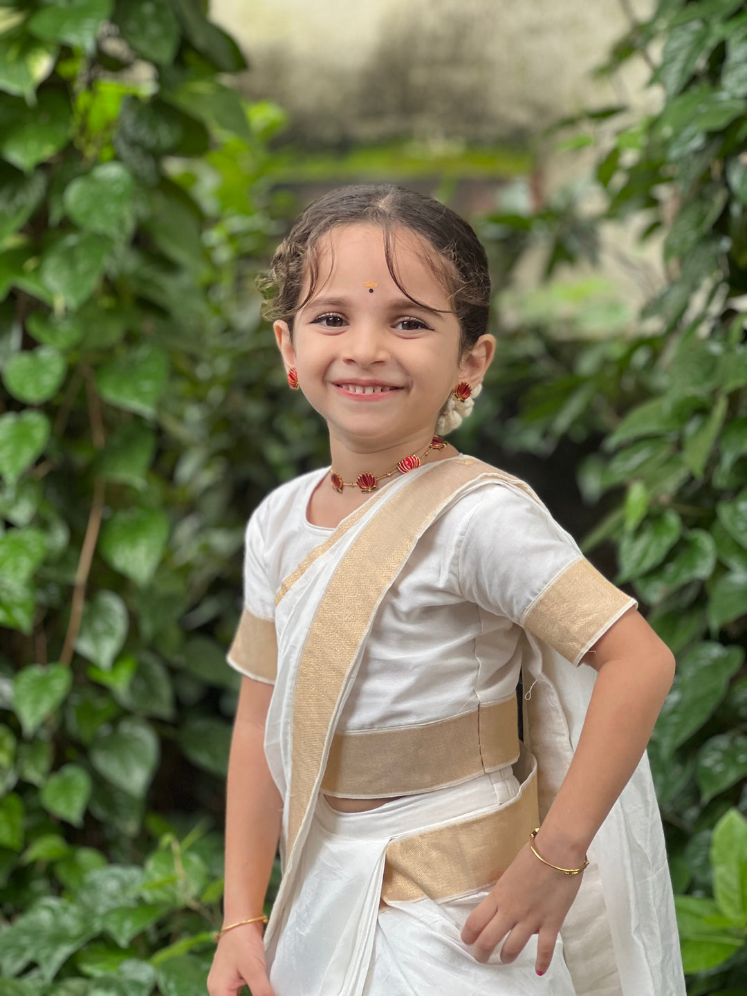 Girls Cream Chanderi Semi-Silk South Indian Saree Set with Stitched Blouse | SHOBITAM