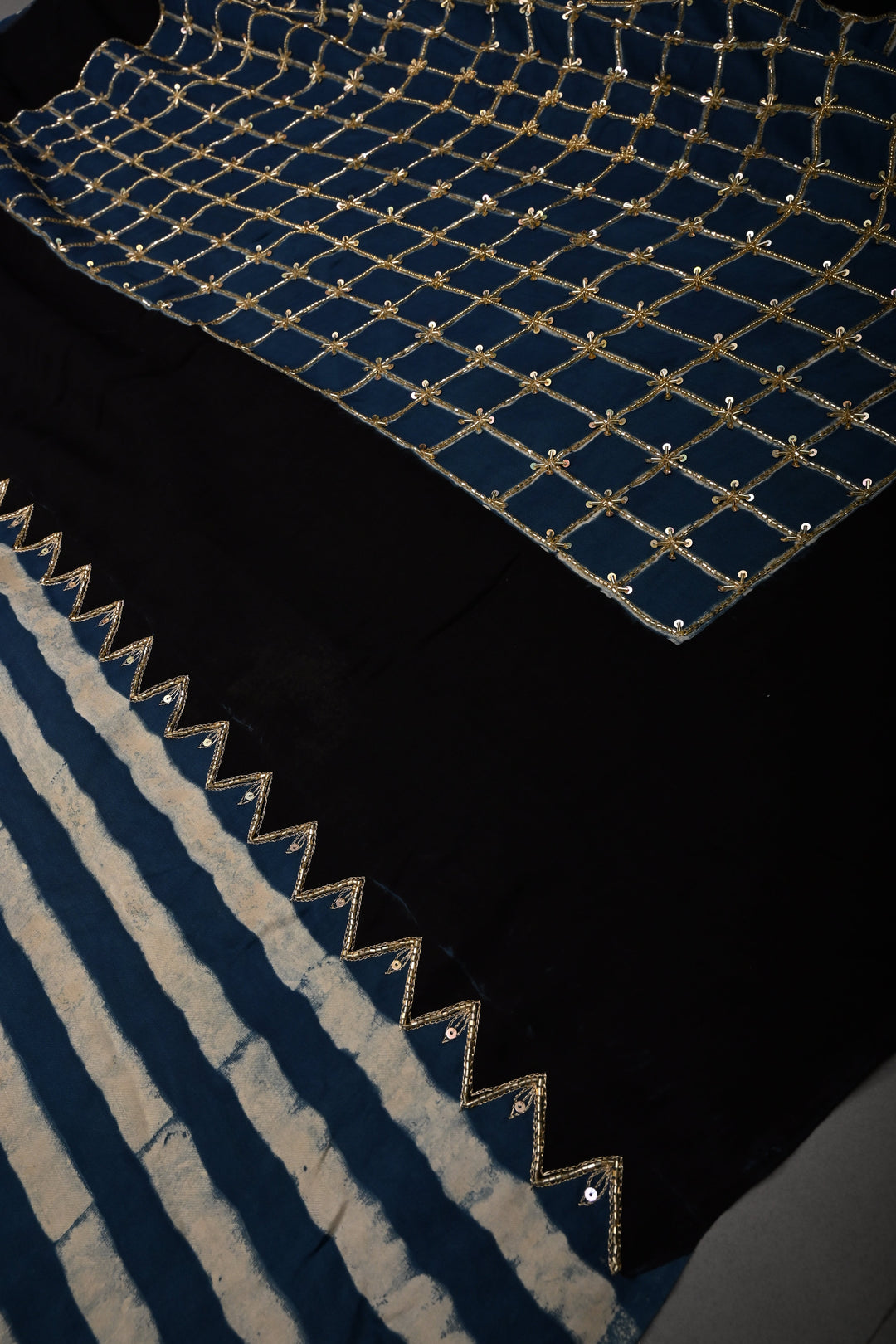 Blue-White Stripes Pattern on Modal Silk Saree with  Hand Block Print and Checks Pallu-Sequins, Cutdana and Hand Embroidery | SHOBITAM