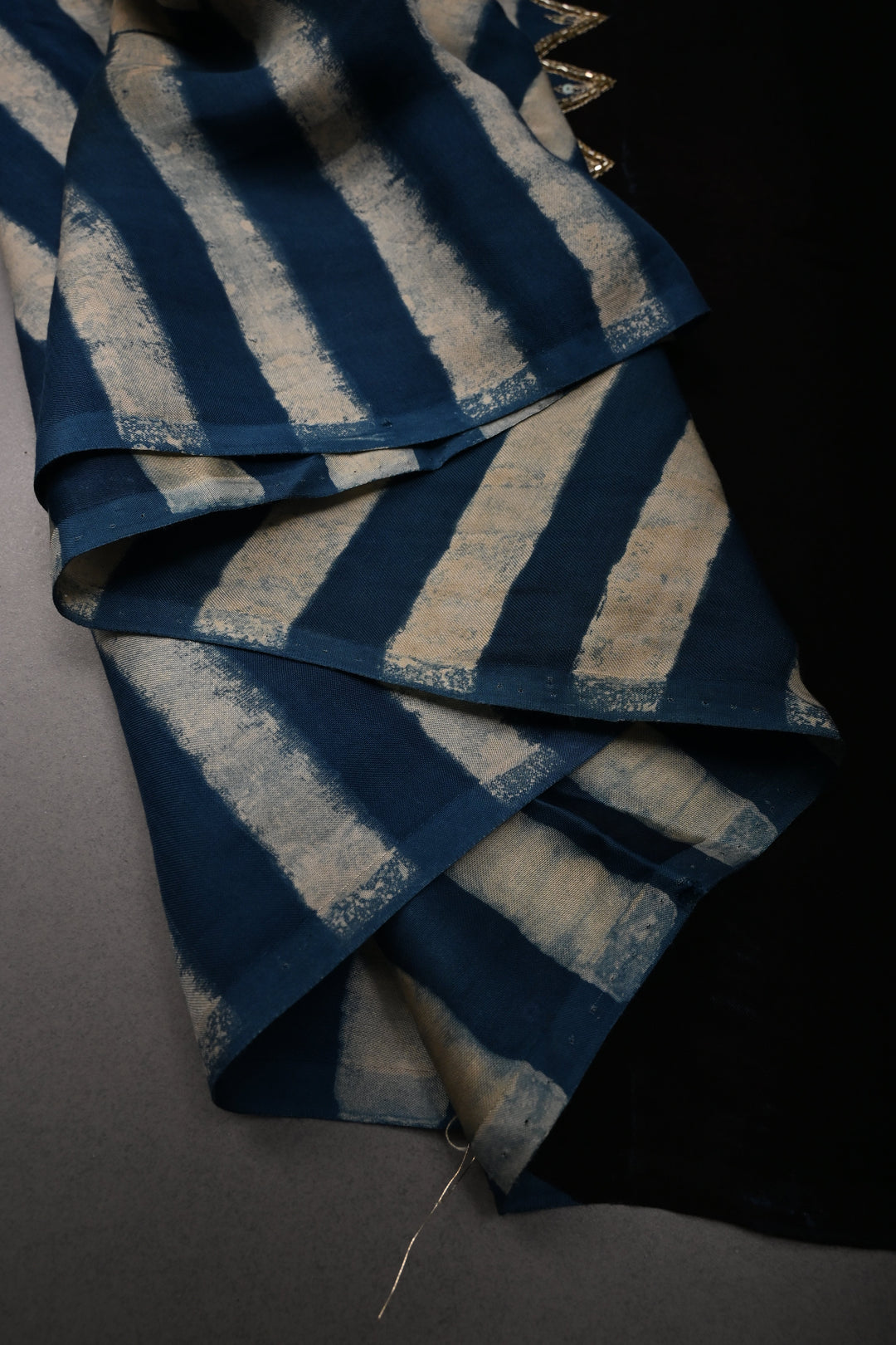 Blue-White Stripes Pattern on Modal Silk Saree with  Hand Block Print and Checks Pallu-Sequins, Cutdana and Hand Embroidery | SHOBITAM