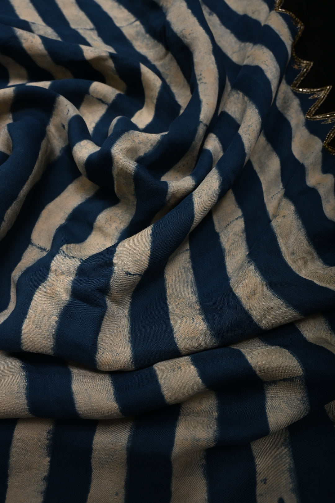 Blue-White Stripes Pattern on Modal Silk Saree with  Hand Block Print and Checks Pallu-Sequins, Cutdana and Hand Embroidery | SHOBITAM