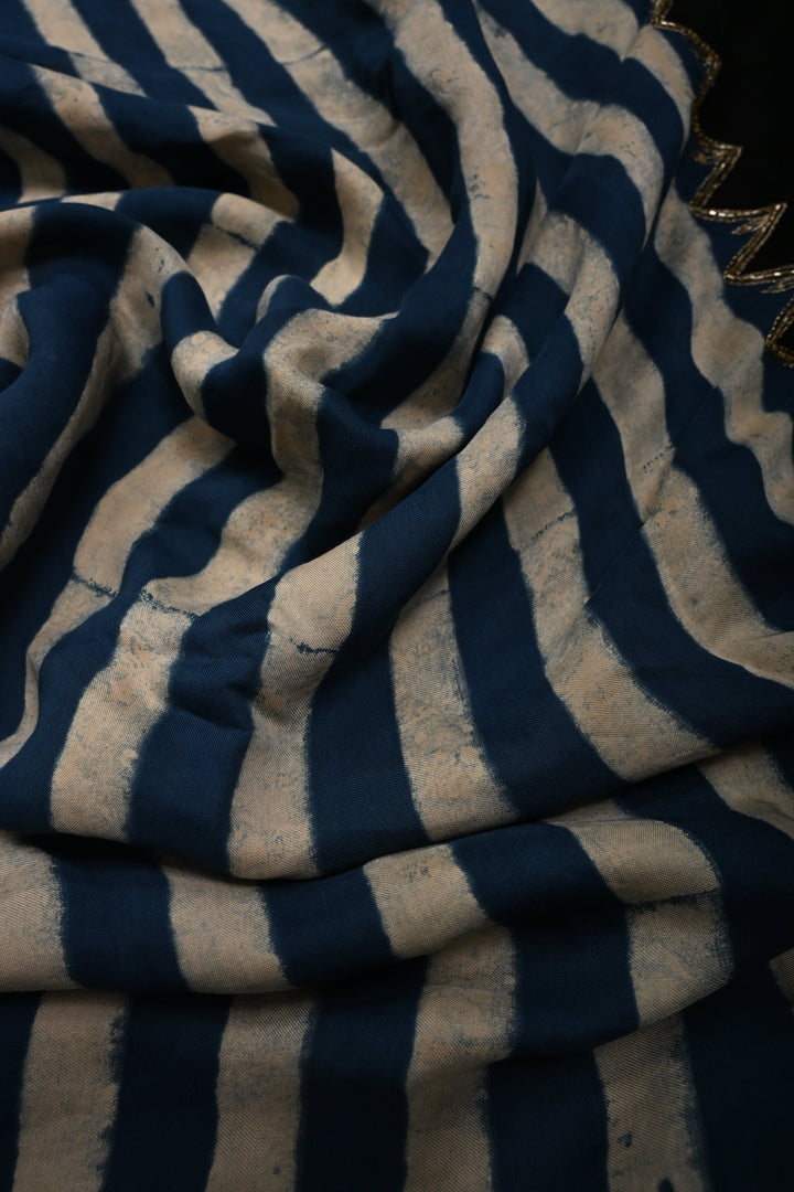 Blue-White Stripes Pattern on Modal Silk Saree with  Hand Block Print and Checks Pallu-Sequins, Cutdana and Hand Embroidery | SHOBITAM