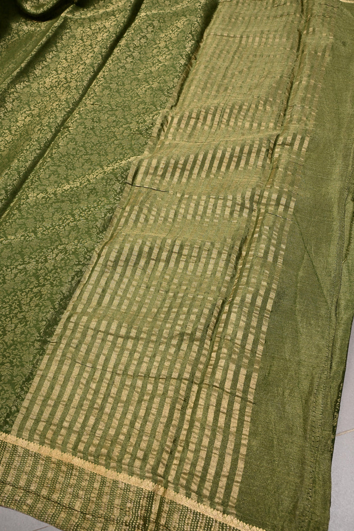 Mehendi Green Mysore Silk Saree with Floral Zari Brocade and Zari Border | SILK MARK CERTIFIED | SHOBITAM