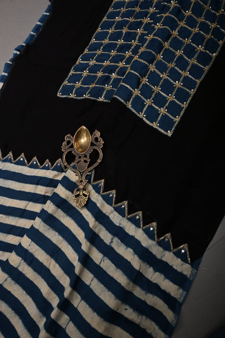 Blue-White Stripes Pattern on Modal Silk Saree with  Hand Block Print and Checks Pallu-Sequins, Cutdana and Hand Embroidery | SHOBITAM