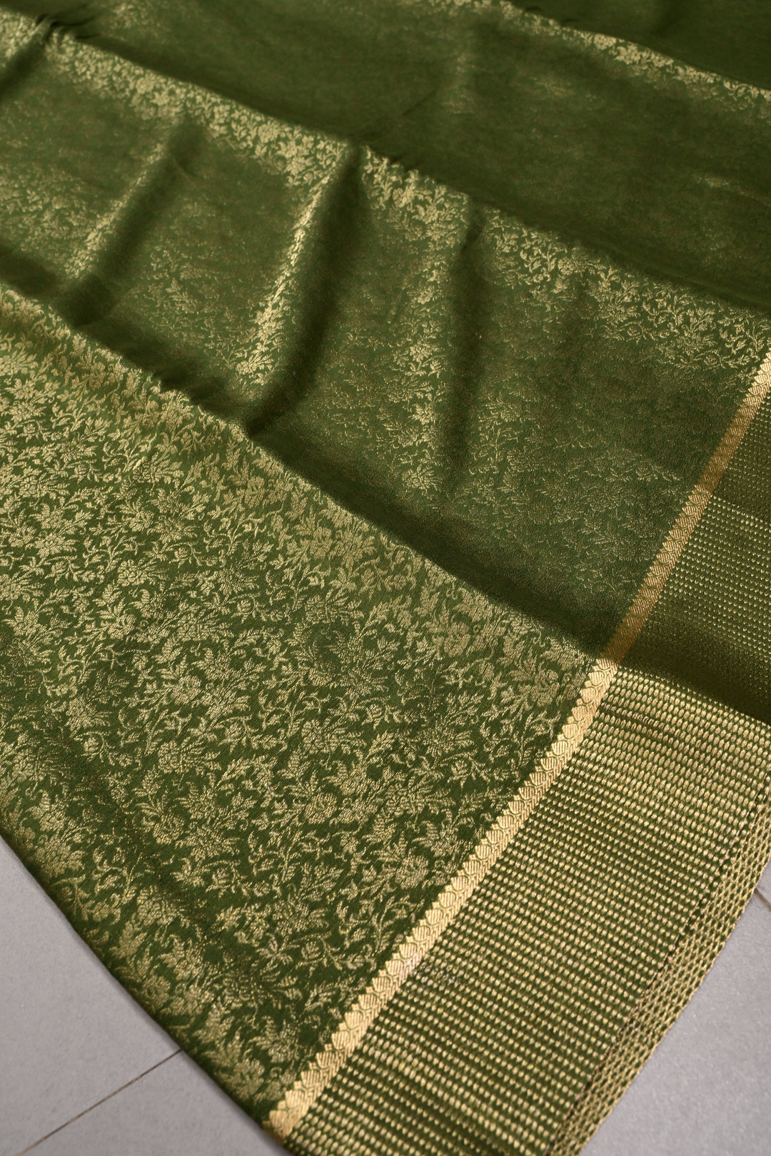 Mehendi Green Mysore Silk Saree with Floral Zari Brocade and Zari Border | SILK MARK CERTIFIED | SHOBITAM