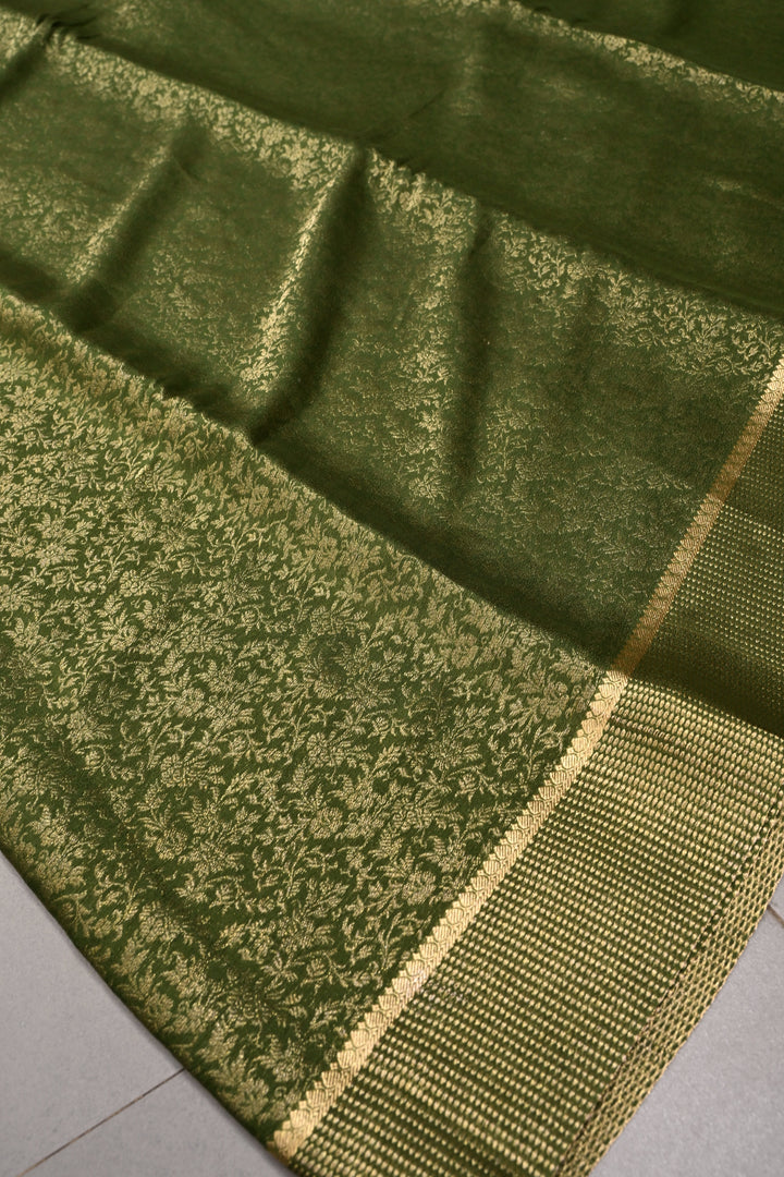 Mehendi Green Mysore Silk Saree with Floral Zari Brocade and Zari Border | SILK MARK CERTIFIED | SHOBITAM