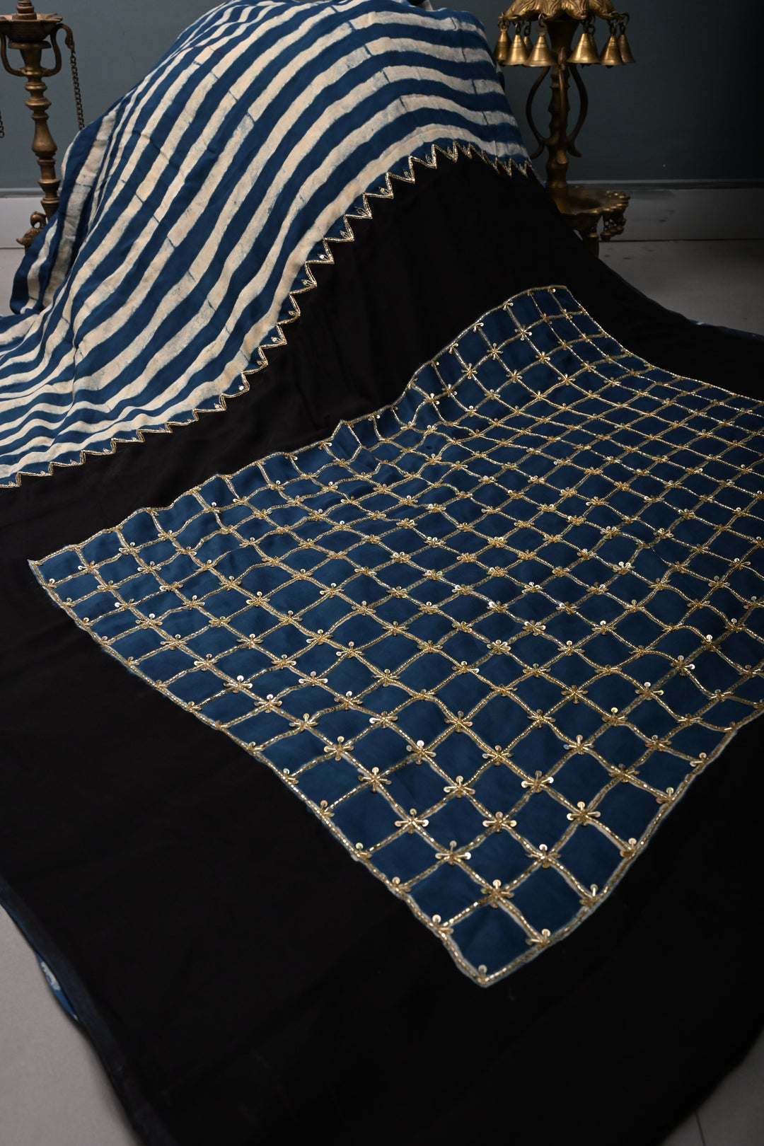 Blue-White Stripes Pattern on Modal Silk Saree with  Hand Block Print and Checks Pallu-Sequins, Cutdana and Hand Embroidery | SHOBITAM