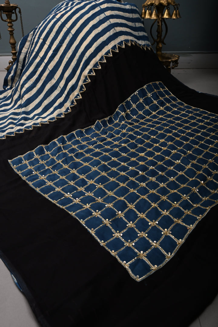 Blue-White Stripes Pattern on Modal Silk Saree with  Hand Block Print and Checks Pallu-Sequins, Cutdana and Hand Embroidery | SHOBITAM