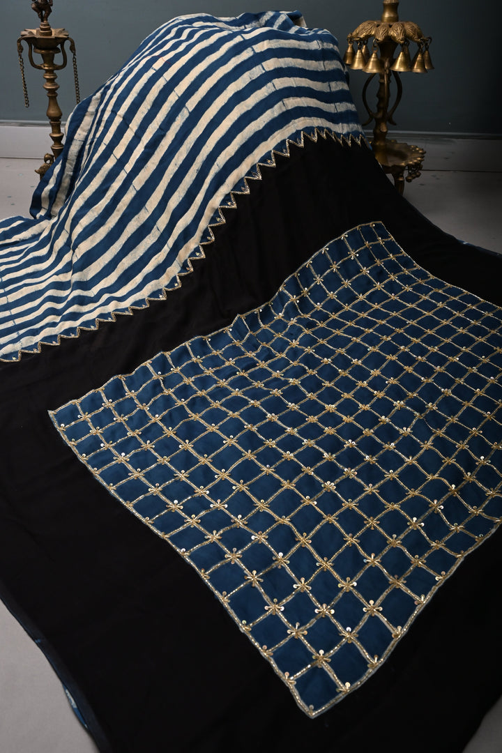 Blue-White Stripes Pattern on Modal Silk Saree with  Hand Block Print and Checks Pallu-Sequins, Cutdana and Hand Embroidery | SHOBITAM