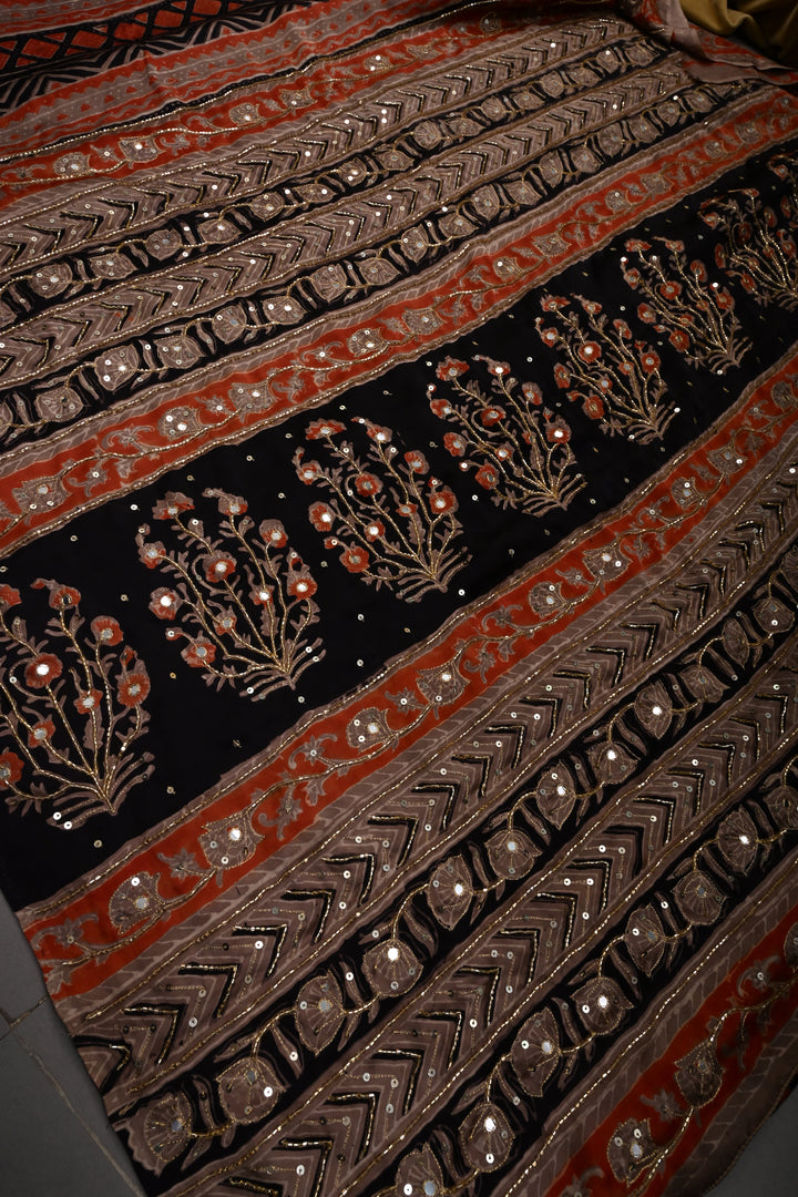 Black-Brown -Orange Ajrakh Hand Block Print on Modal Silk Saree with Sequins, Cutdana and Mirror Hand Embroidery