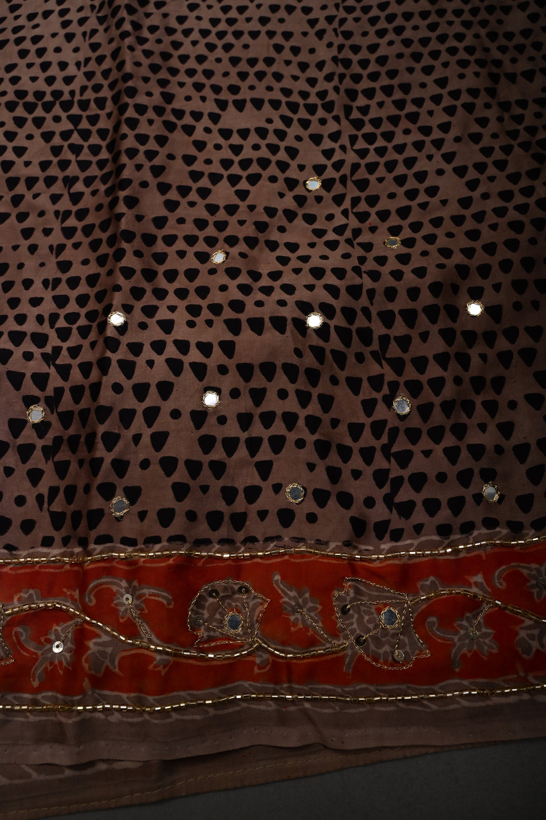 Black-Brown -Orange Ajrakh Hand Block Print on Modal Silk Saree with Sequins, Cutdana and Mirror Hand Embroidery