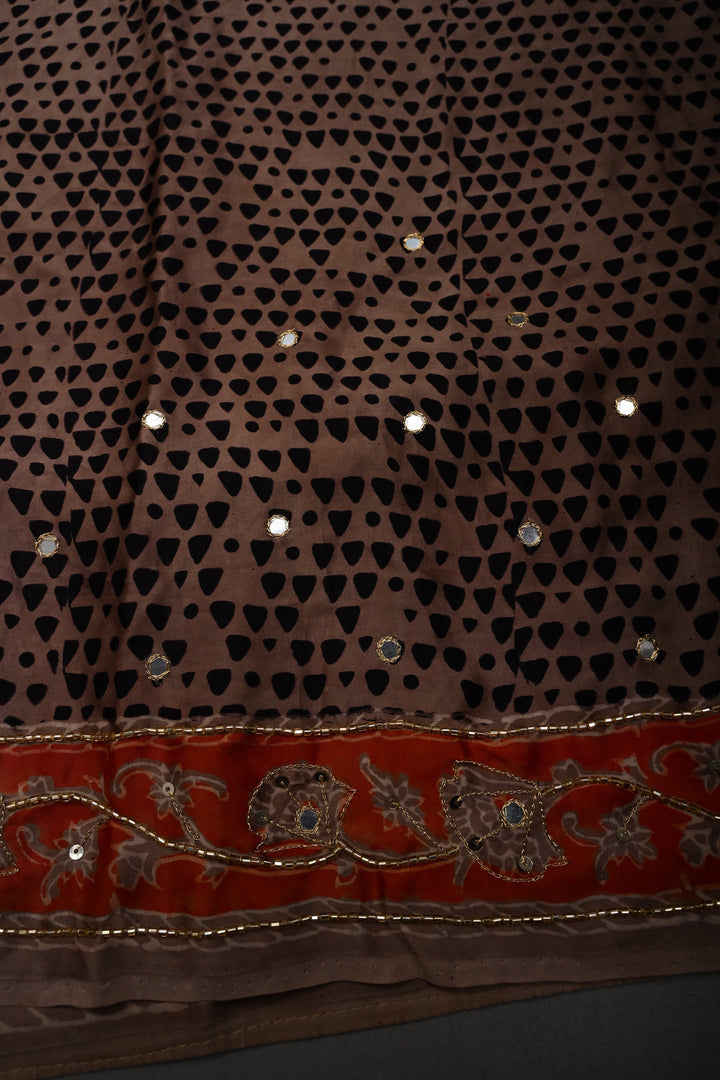 Black-Brown -Orange Ajrakh Hand Block Print on Modal Silk Saree with Sequins, Cutdana and Mirror Hand Embroidery