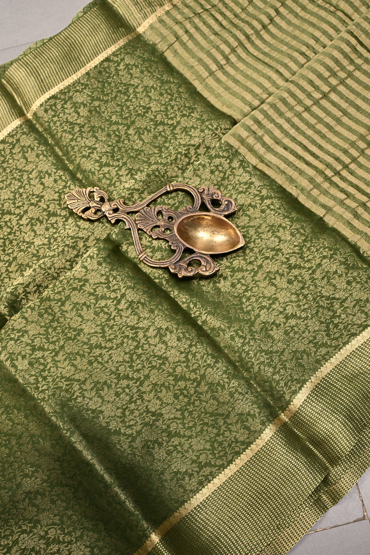 Mehendi Green Mysore Silk Saree with Floral Zari Brocade and Zari Border | SILK MARK CERTIFIED | SHOBITAM