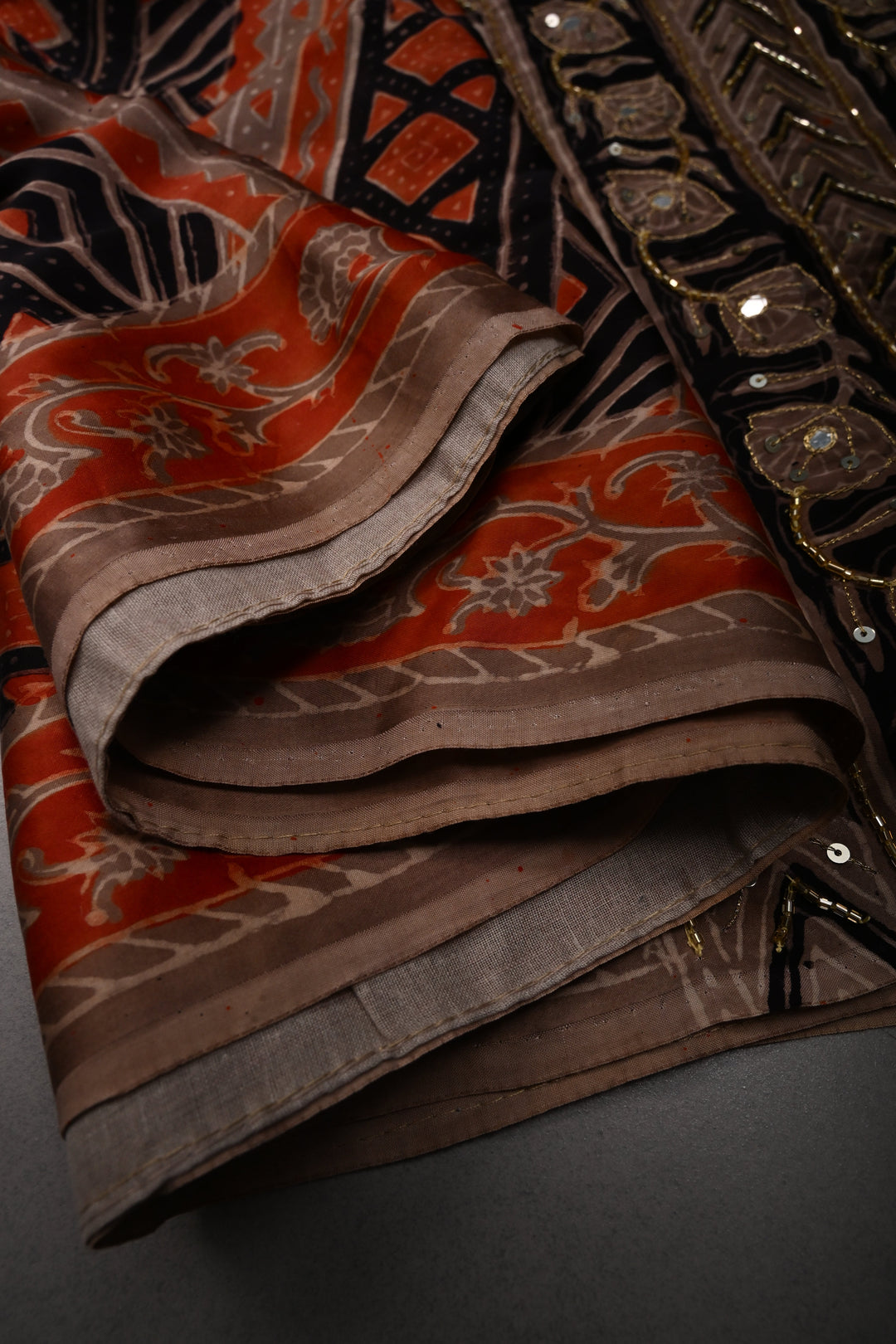 Black-Brown -Orange Ajrakh Hand Block Print on Modal Silk Saree with Sequins, Cutdana and Mirror Hand Embroidery