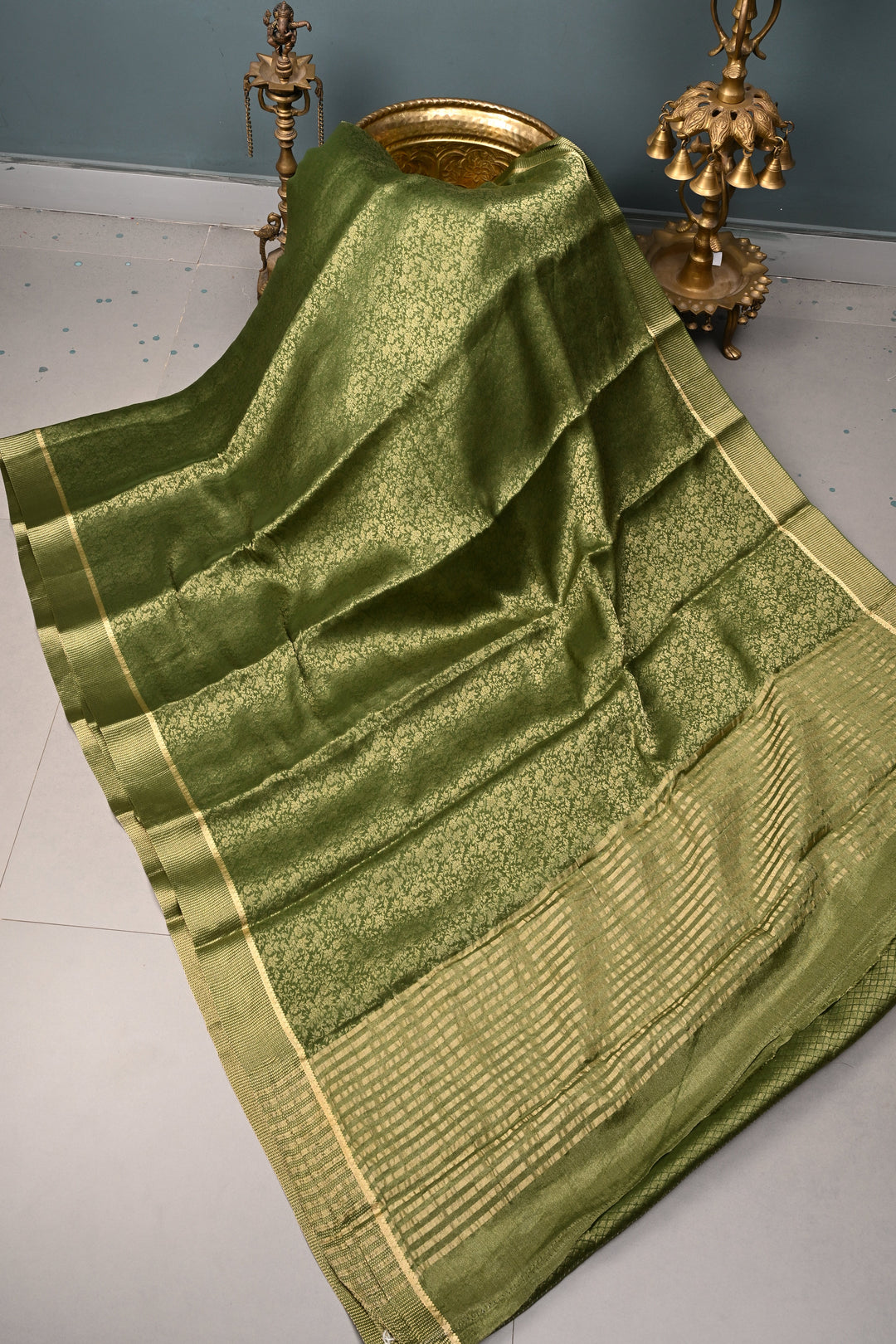 Mehendi Green Mysore Silk Saree with Floral Zari Brocade and Zari Border | SILK MARK CERTIFIED | SHOBITAM